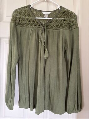 Christopher & Banks Olive Crochet Yoke Peasant Blouse